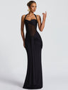 Mesh Splicing Ribbon Neckband Fish Tail Maxi Dresses