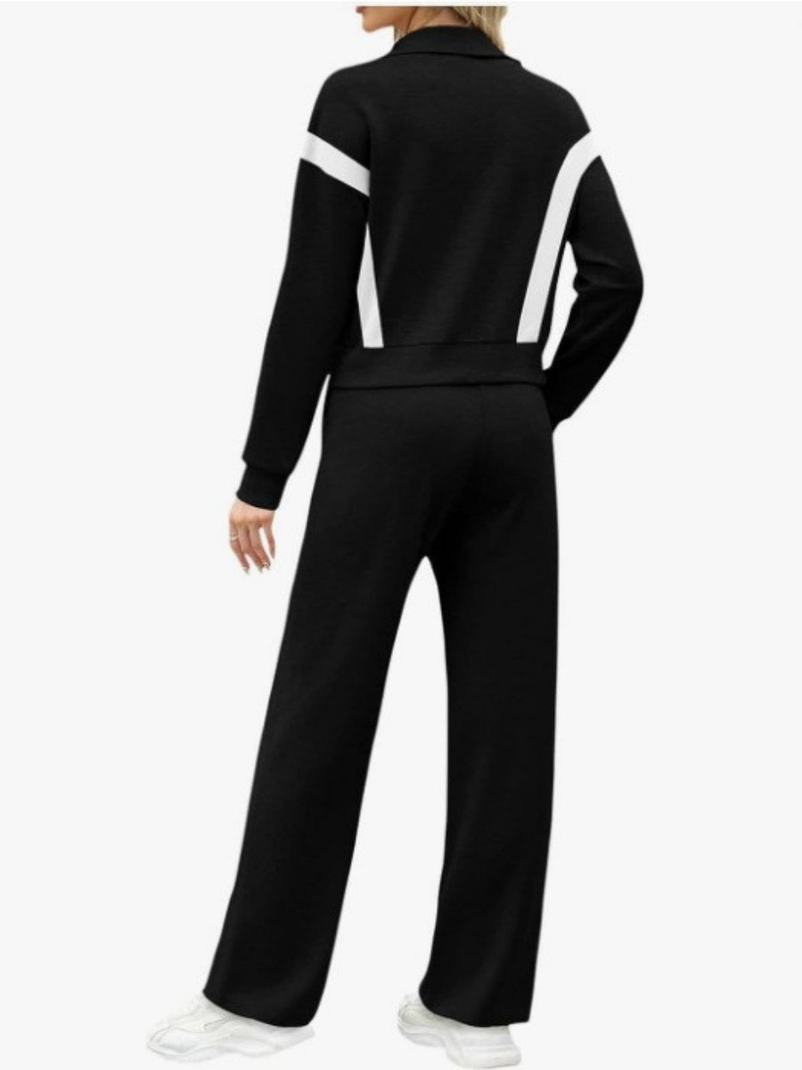 Long Sleeve Coat Stripes Splicing Sports Straight-leg Pants 2-piece Sets