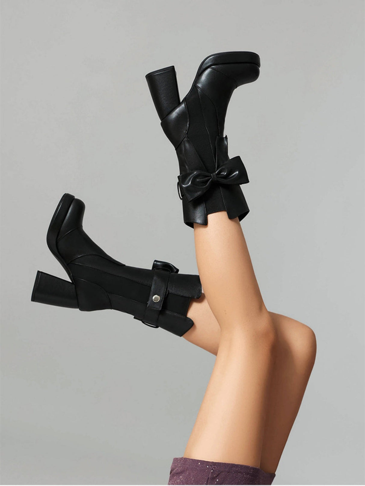 Platform Chunky Heel Bow Buckle Elastic Mid-calf Women's Boots