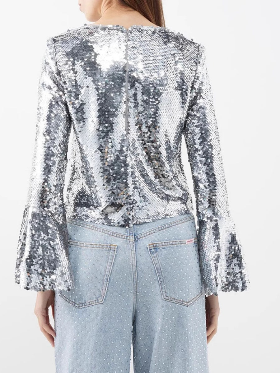 Silberne T-Shirts mit Rundhalsausschnitt, langen Ärmeln und kurzen ausgestellten Ärmeln