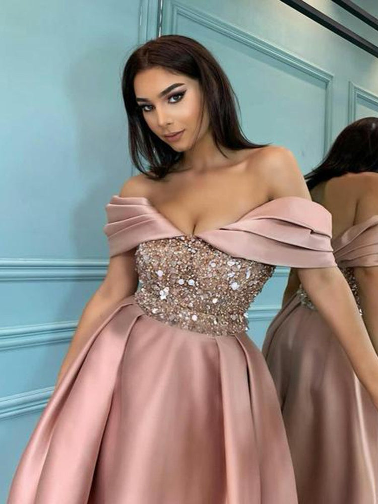 Pink Sequined Off-shoulder Satin Patchwork Midi Dresses