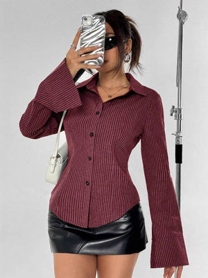 Claret Lapel Button Stripes Slim Fit Shirts