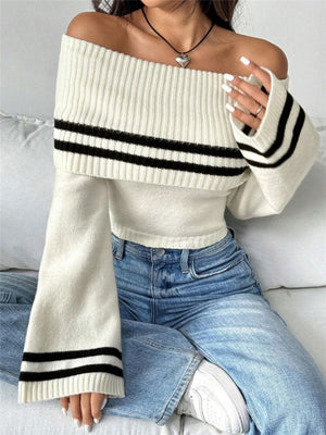 Off-shoulder Navel Exposed Striped Color Blocking Bell Sleeves Knitted Sweater