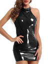 PVC Glossy Leather Halter Neck, Hip-hugging, Sleeveless Mini&Short Dresses