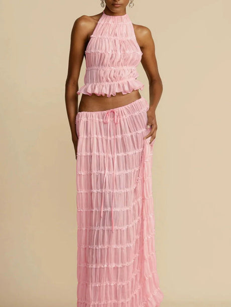 Pleated Sleeveless Backless Halter Neck Full Skirt 2-piece Sets