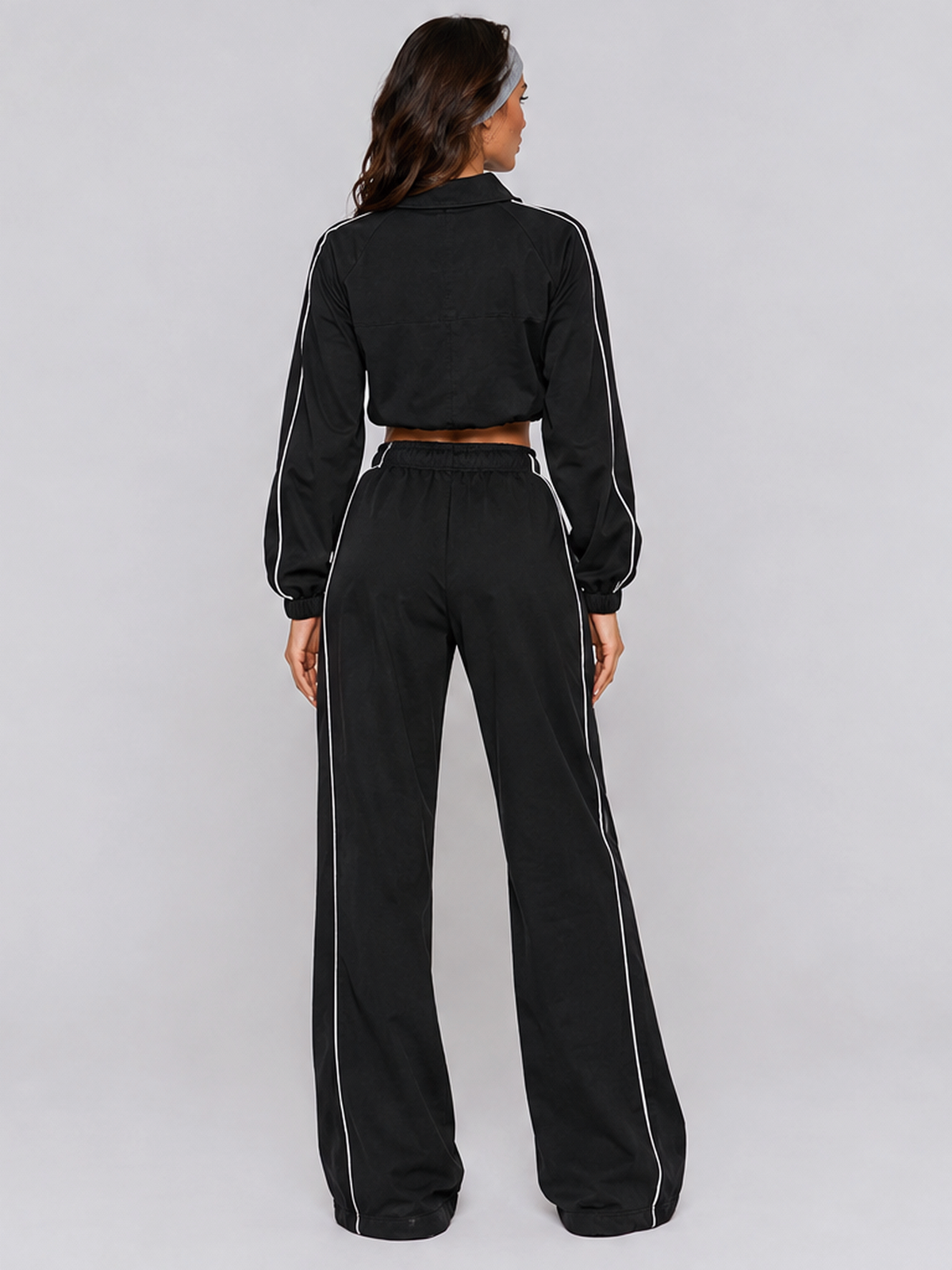 American Retro Color-blocked Striped Tracksuit For Women Two-piece Set: Collared Half-zip Sweatshirt And High-waisted Wide-leg Sweatpants