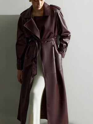 Claret Waist Lace Up Long Leather Jacket