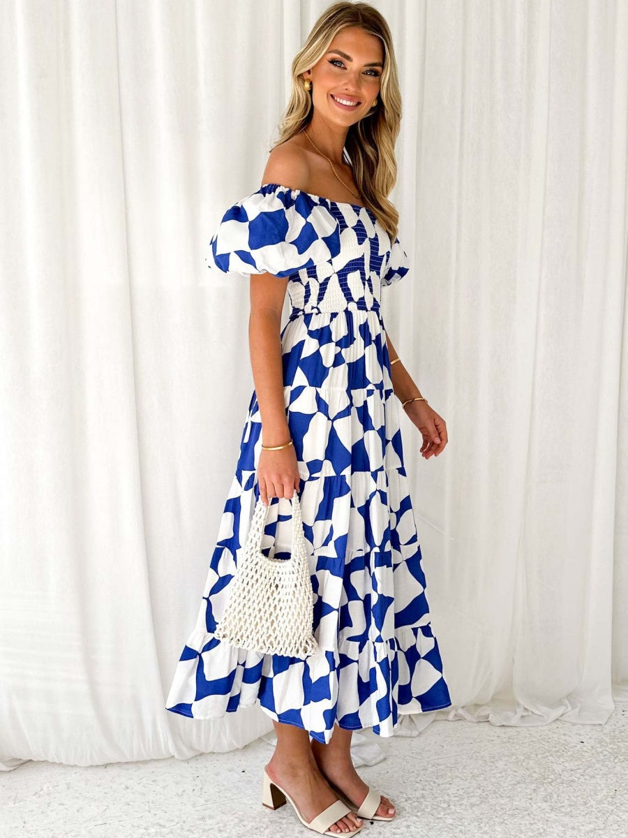 Off-the-shoulder Geometric Color-blocked Print Tulle Skirt With Puff Sleeves Long Dress