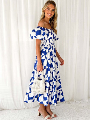 Off-the-shoulder Geometric Color-blocked Print Tulle Skirt With Puff Sleeves Long Dress