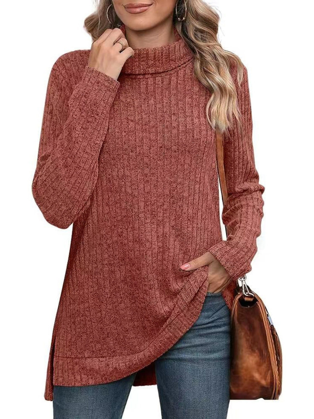 Threaded Groove Strip High Neck With Slits Long Sleeves T-shirts