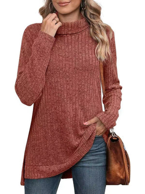 Threaded Groove Strip High Neck With Slits Long Sleeves T-shirts