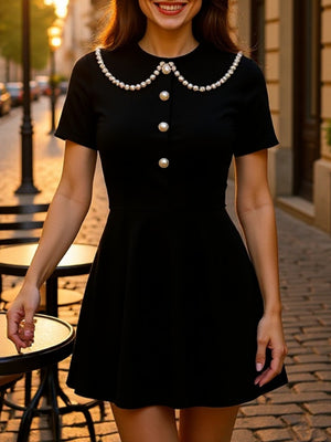 Color-blocked Detachable Peter Pan Collar Buttons Short Sleeves Mini&Short Dresses