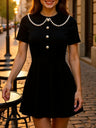 Color-blocked Detachable Peter Pan Collar Buttons Short Sleeves Mini&Short Dresses