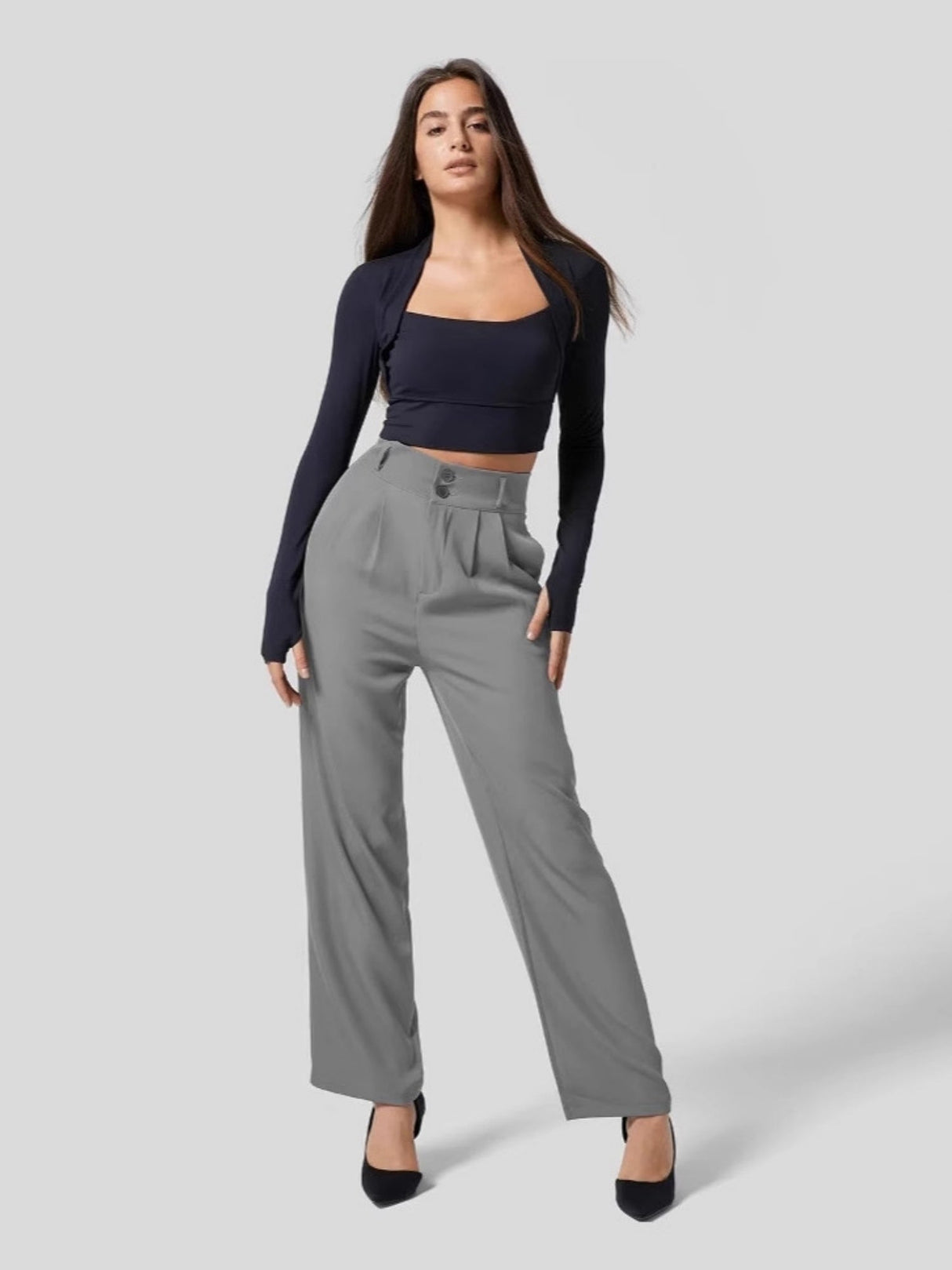 Pleated Button Solid Color High Waist Straight Leg Pants Temperament Drape French Trousers