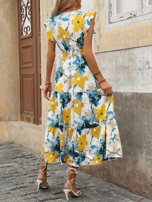 Floral Print V-neck Short Sleeve Maxi Dresses
