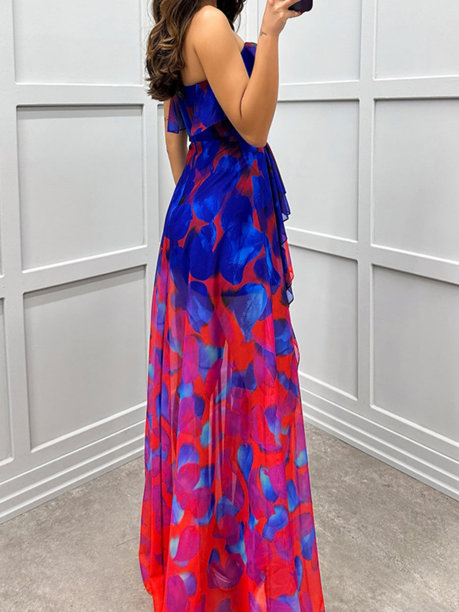 Mesh Printed Slit Ruffle Formal Dress Maxi Dresses
