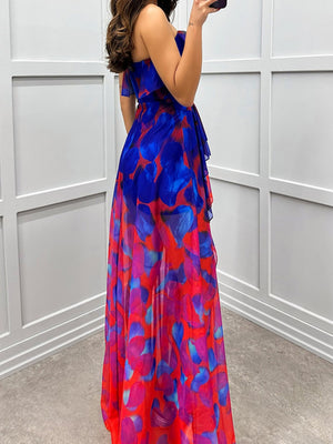Mesh Printed Slit Ruffle Formal Dress Maxi Dresses
