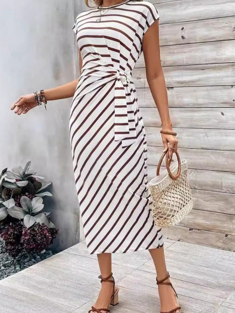 Bandage Stripes Crew Neck Short Sleeve Maxi Dresses