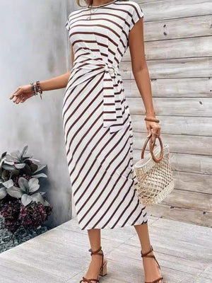Bandage Stripes Crew Neck Short Sleeve Maxi Dresses