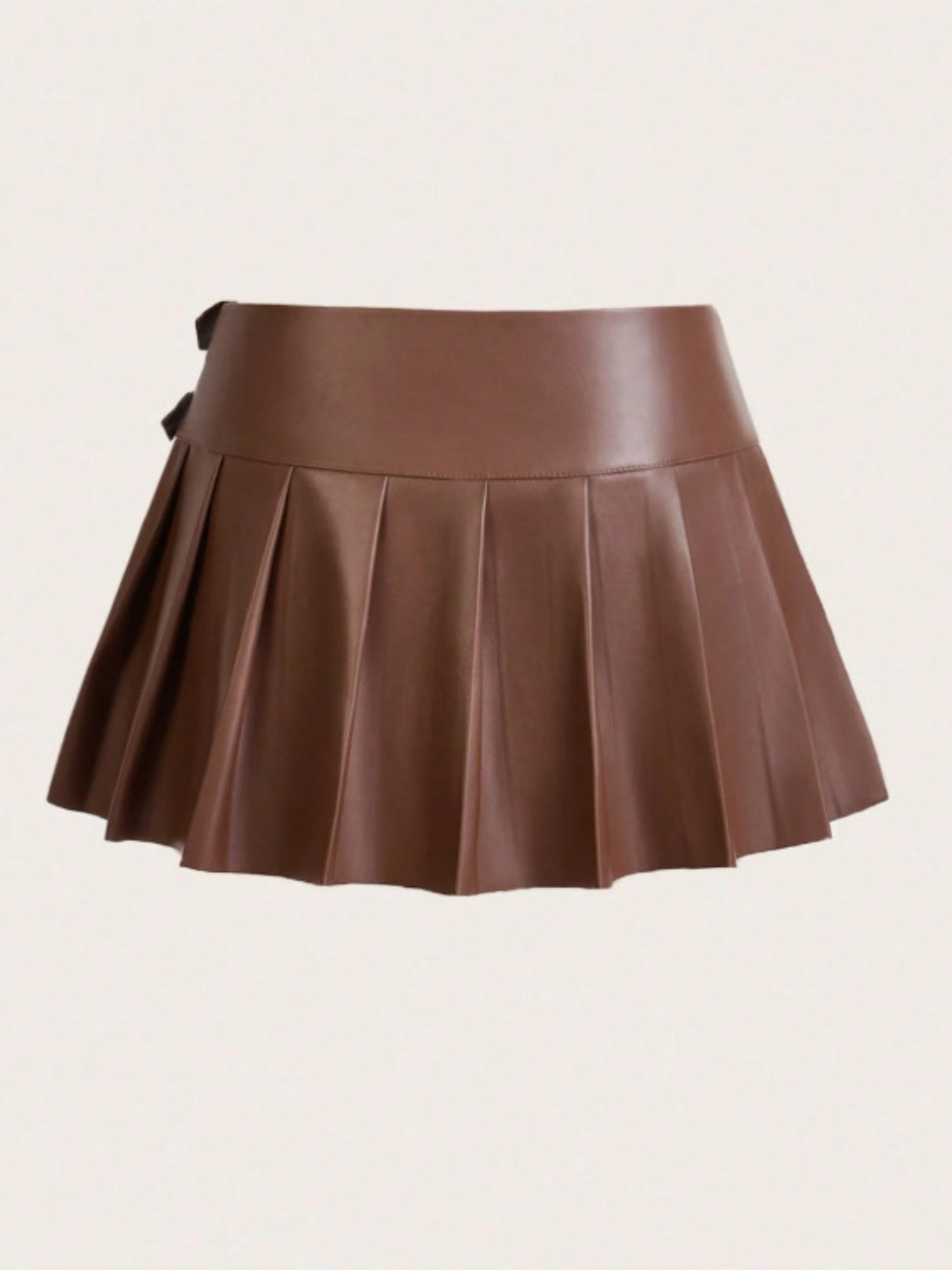 PU High-waisted Slit Belt Decoration Pleated Skirt