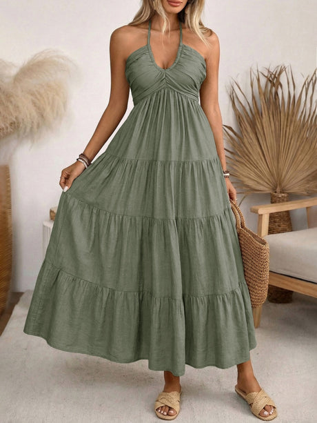 Halter V-neck Drawstring Loose-fit Vacation Maxi Dresses