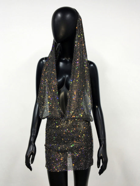 Rhinestone Sequins Pocket Collar Hooded Backless Mini&Short Dresses