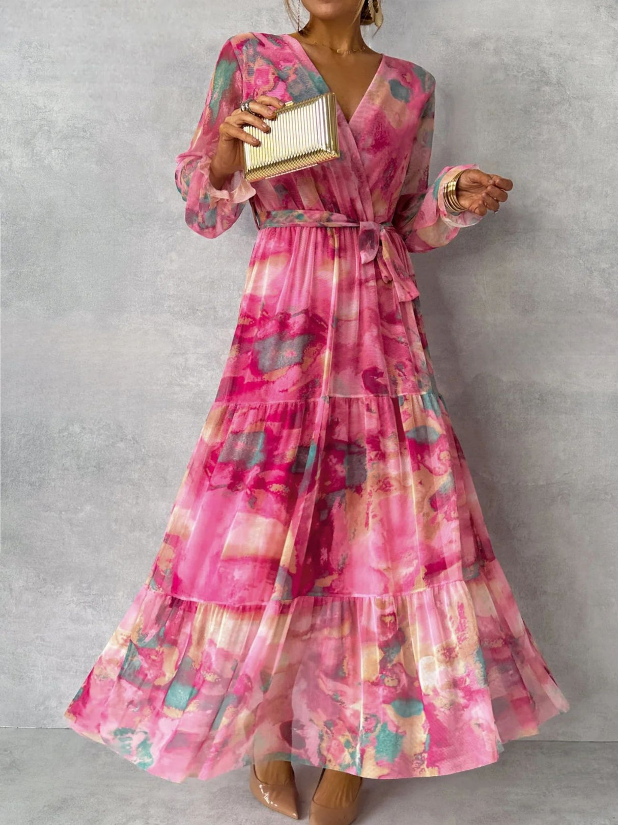 Printed Chiffon V-neck Tie Detail Long Dress With A Full Skirt
