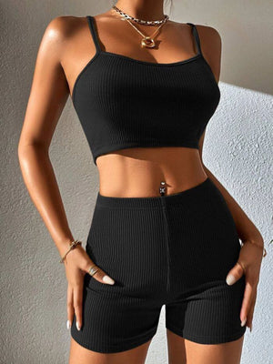 Piping Yoga Navel Exposed Suspender Shorts 2-piece Sets