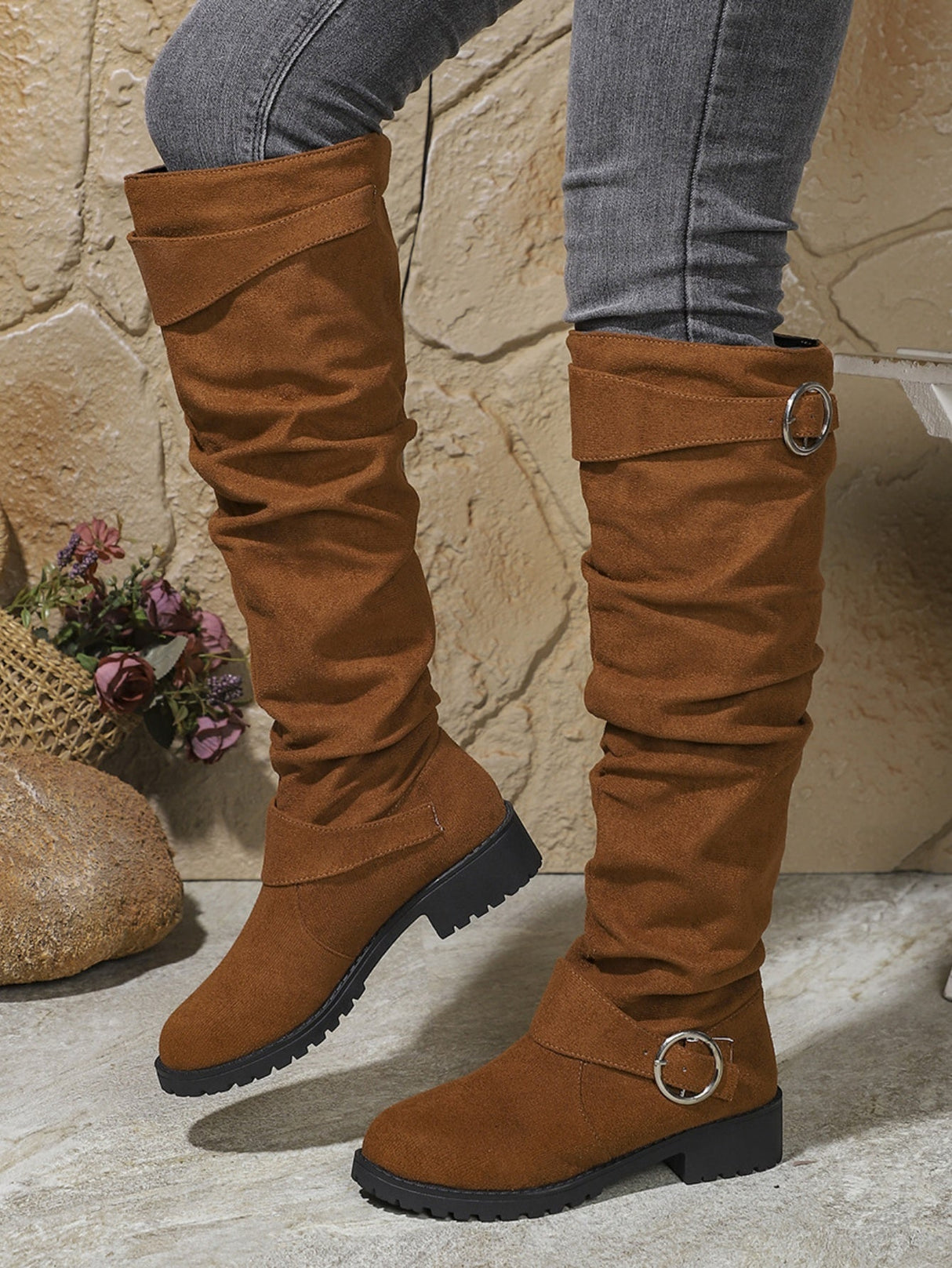 Pleated High Boots With Buckle