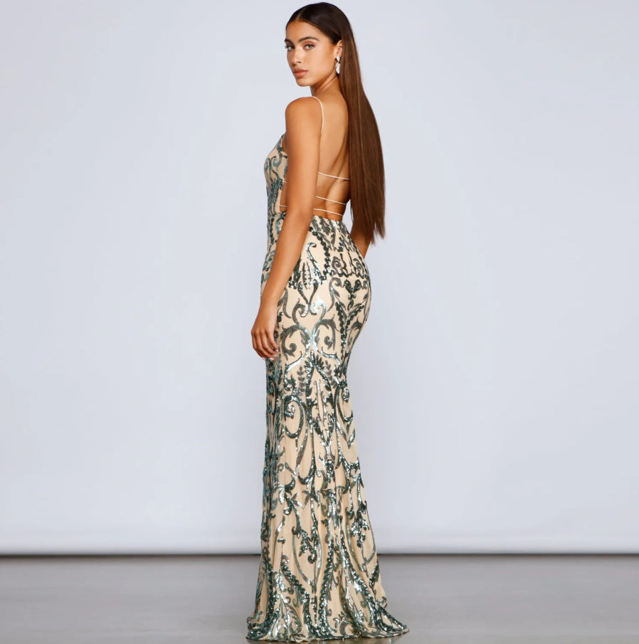 Liber Autumn women's sequins Backless suspender long dress