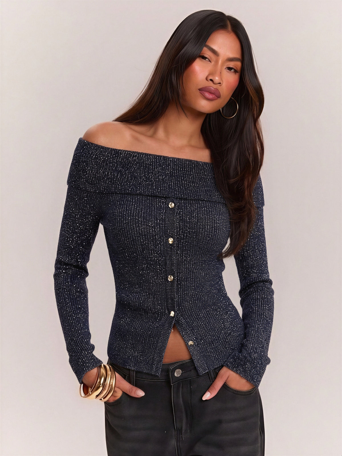 Sequined Off-shoulder Single-breasted Long-sleeved Knit Cardigan With Turned-up Hem