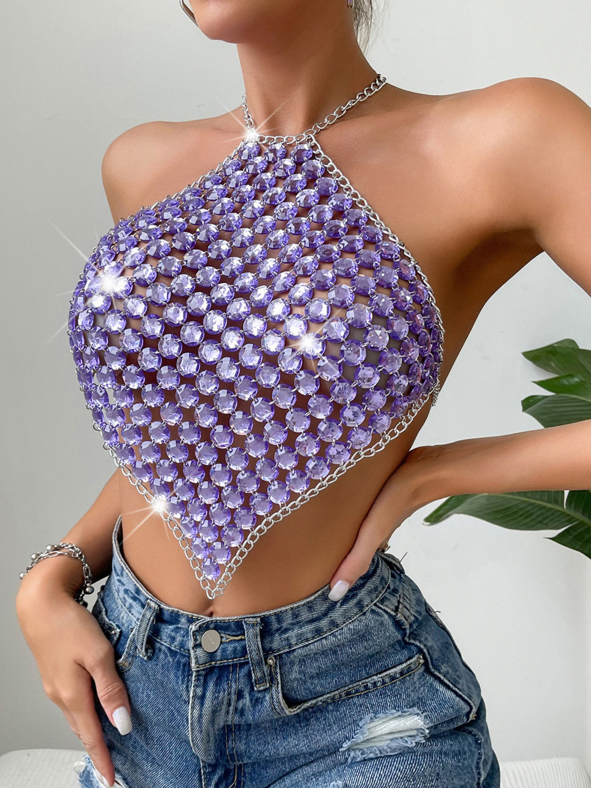 Diamond-studded Openwork Chain Splicing Halter Neck And Backless Tank Tops&Camis