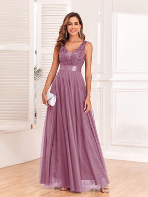 V-neck Embroidery Sequins Elegant Gauze Formal Dress Maxi Dresses