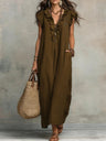 V-neck Pleats Solid Color Long Dress