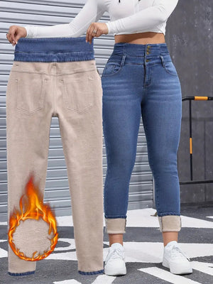 Fleece Lined High-waisted Pencil Pants Jeans