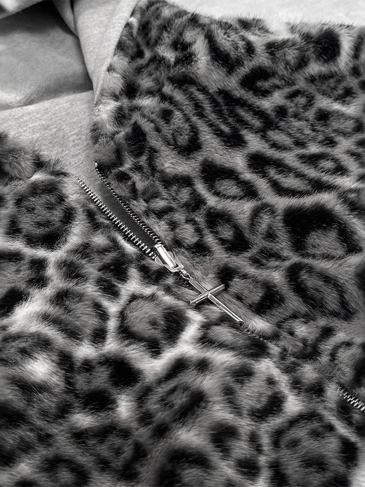 Reversible Retro Leopard Print Zipper Loose Fit Hooded Zip-Up Sweatshirt