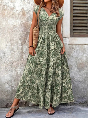 Floral Print V-neck Short Sleeve Large Skirt Maxi Dresses