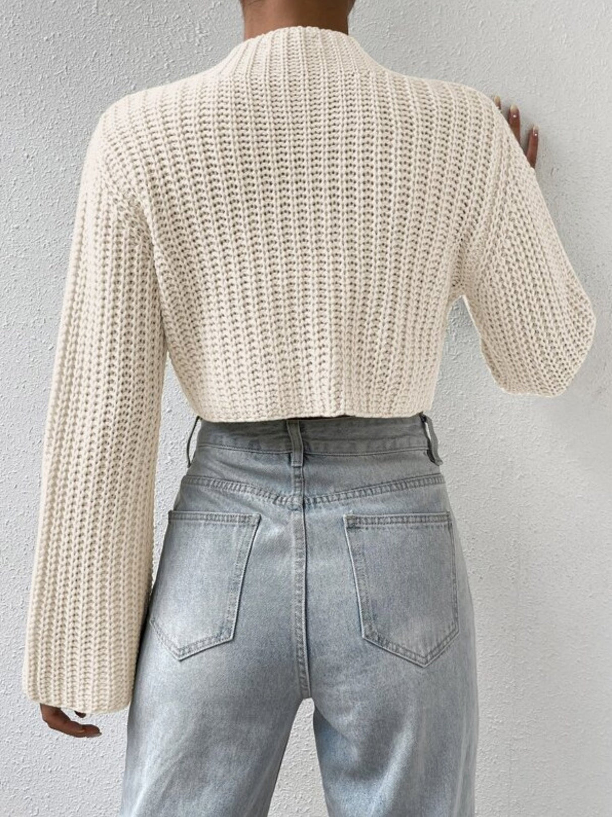 High-waisted Short Bell Sleeves Mock Neck Pullover Sweater