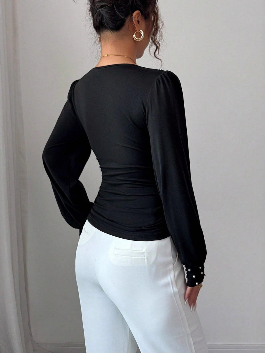 Deep V-neck Slim Fit Pearl Decoration Pleated Waist T-shirt