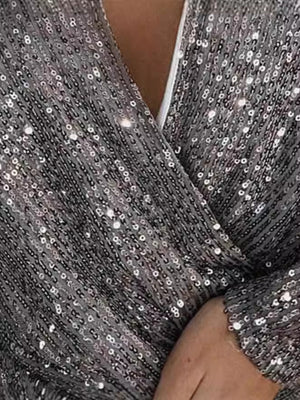 Sequins Perspective Long Sleeves Deep V-neck Jumpsuits&Bodysuits