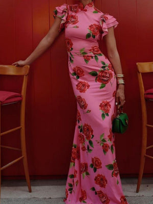Improved Cheongsam Buttons Printed Formal Dress Maxi Dresses