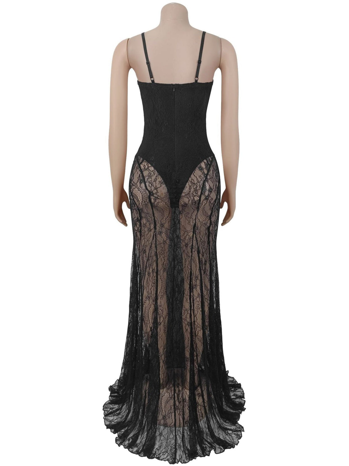 Abendkleid mit Spitzenbesatz, durchsichtiges rückenfreies Camisole, Maxikleid