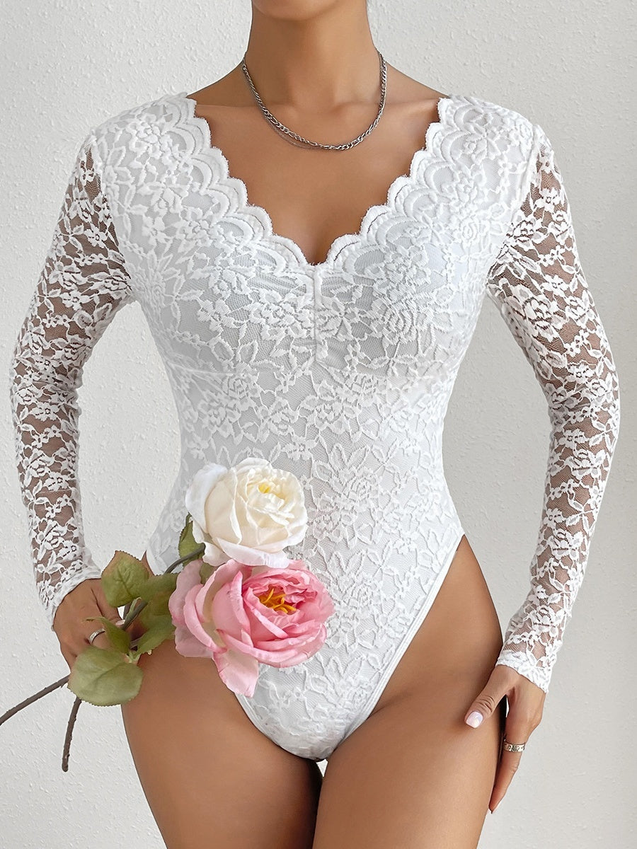 Lace Long Sleeve Perspective Slim Fit Bodysuit