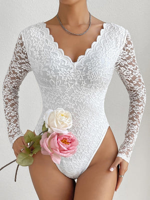Lace Long Sleeve Perspective Slim Fit Bodysuit