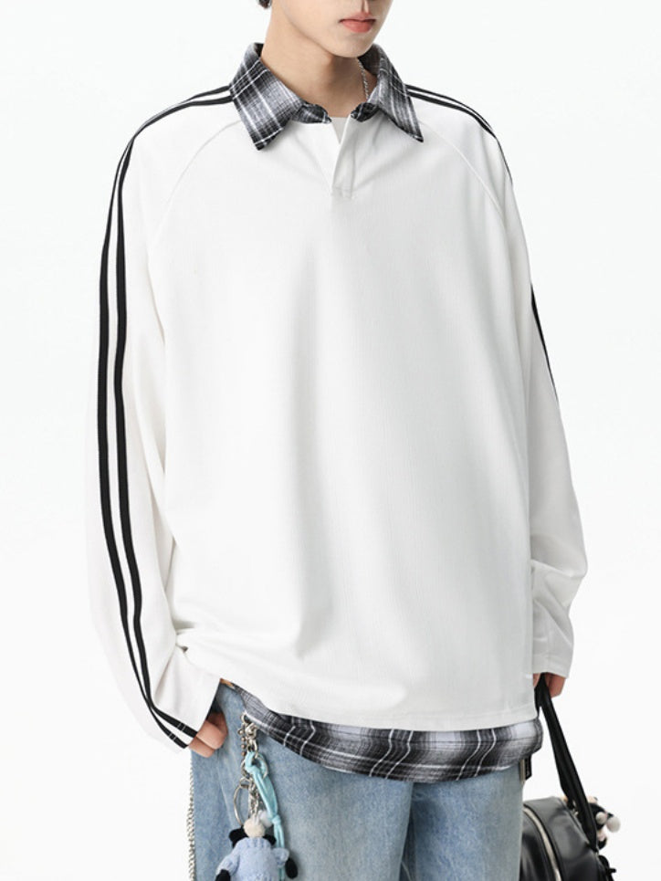 Fake Two Pieces Splicing V-neck College Style Polo