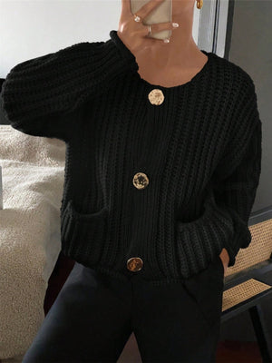 Three-button Pocket Round Neck Long Sleeve Cardigans
