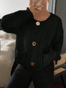 Three-button Pocket Round Neck Long Sleeve Cardigans