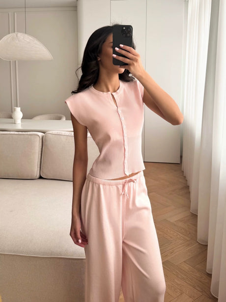 Crew Neck Sleeveless Cardigan Vest Wide-leg Pants Knitting Set 2-piece Sets