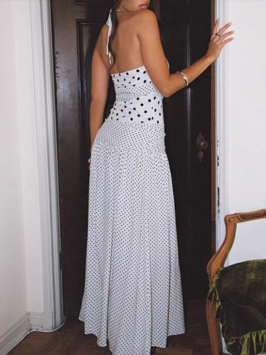 Ruffled Lace Square Neck Polka Dot Suspender Long Dress