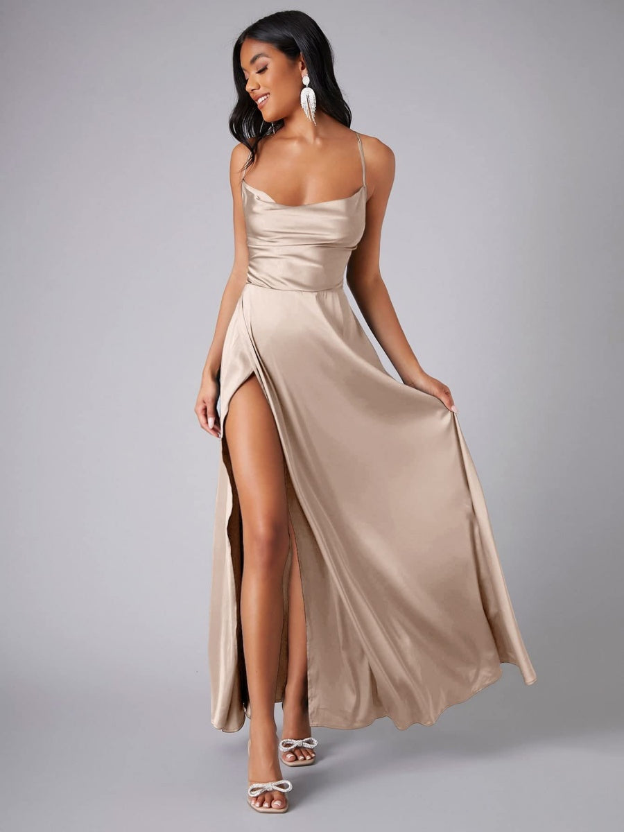 Backless Bandage Draped Collar Satin High Slit Bridesmaid Dresses Cocktail Party Maxi Dresses
